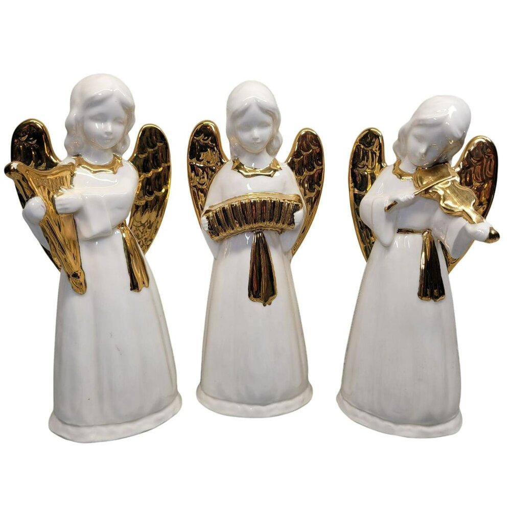 3 Angel Figurine Gold Accents Harp‎ Violin Accordion Christmas Religious Vtg